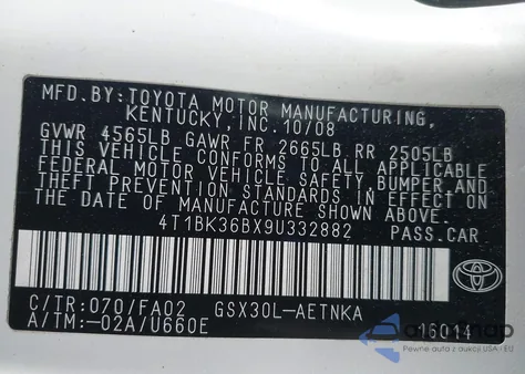 2009 Toyota Avalon Xl from USA, damaged, VIN 4T1BK36BX9U332882